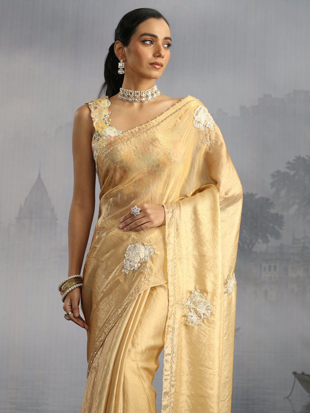 Libas Golden Floral Embellished Tissue Saree