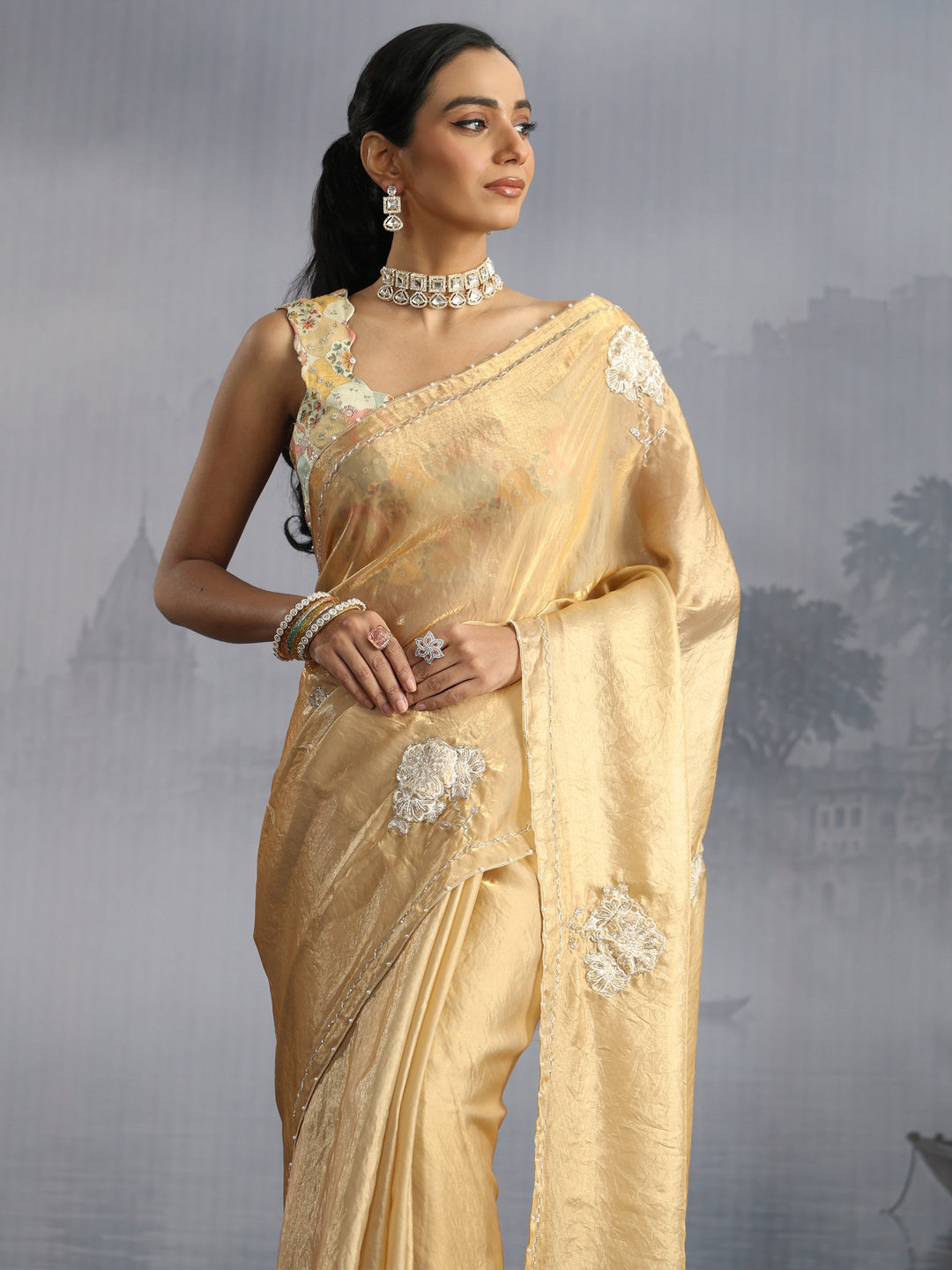 Libas Golden Floral Embellished Tissue Saree