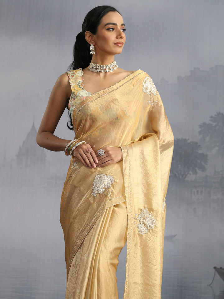 Libas Golden Floral Embellished Tissue Saree