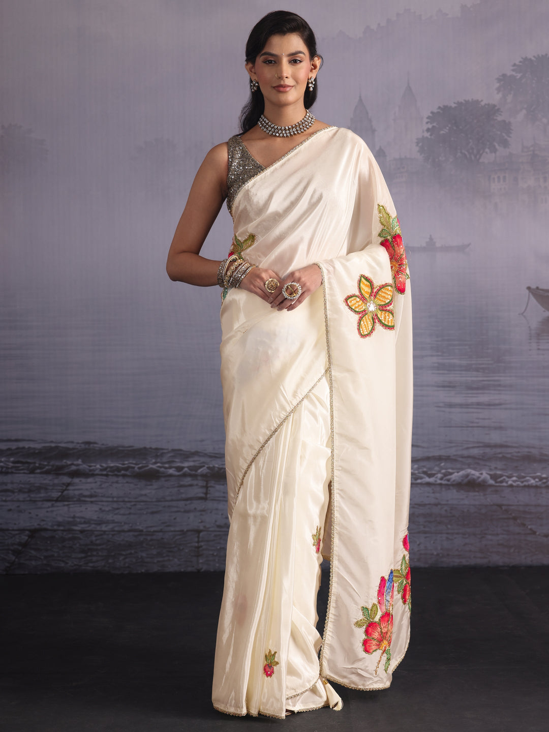 Libas Cream Floral Applique Embellished Satin Saree