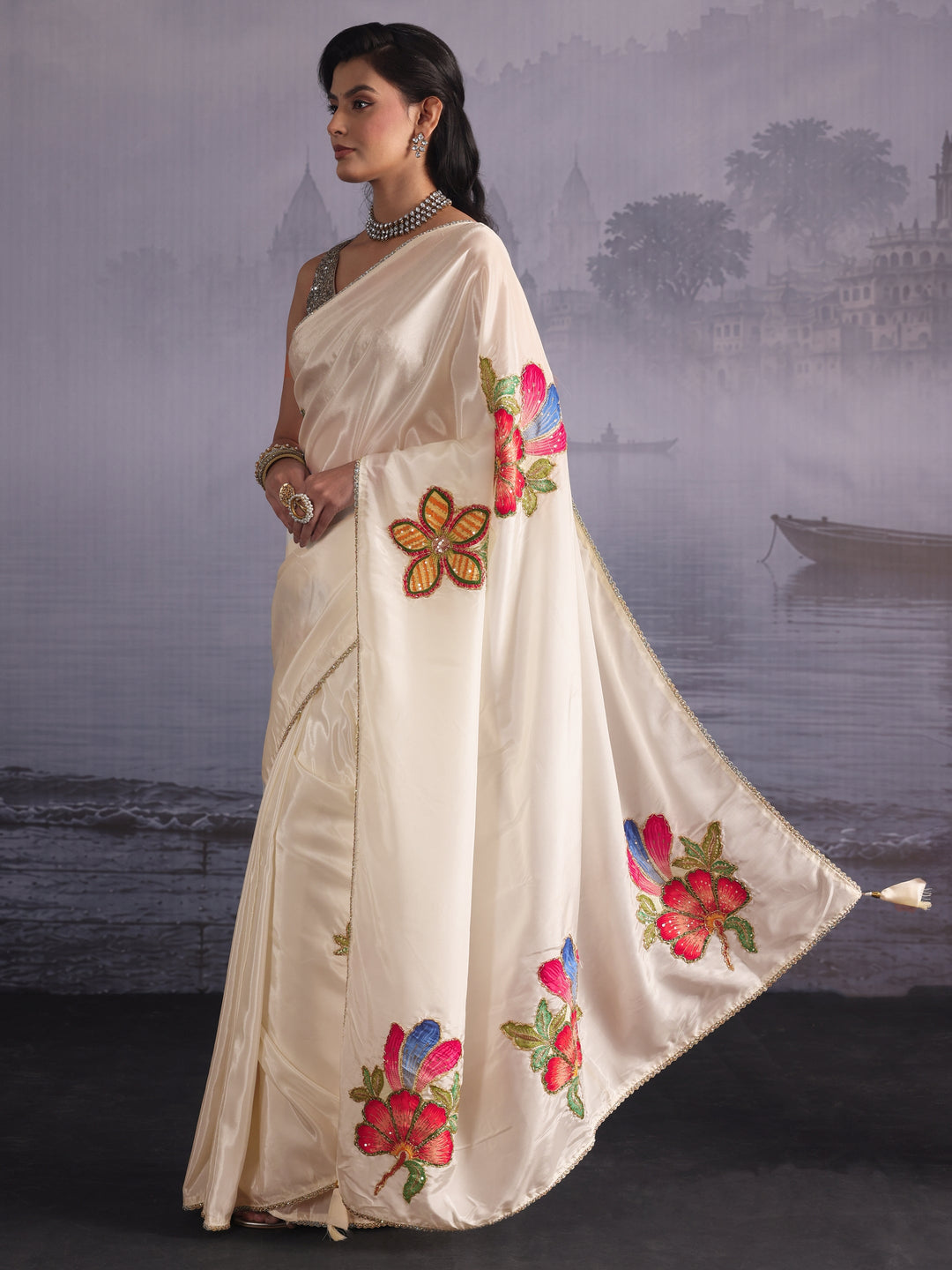 Libas Cream Floral Applique Embellished Satin Saree