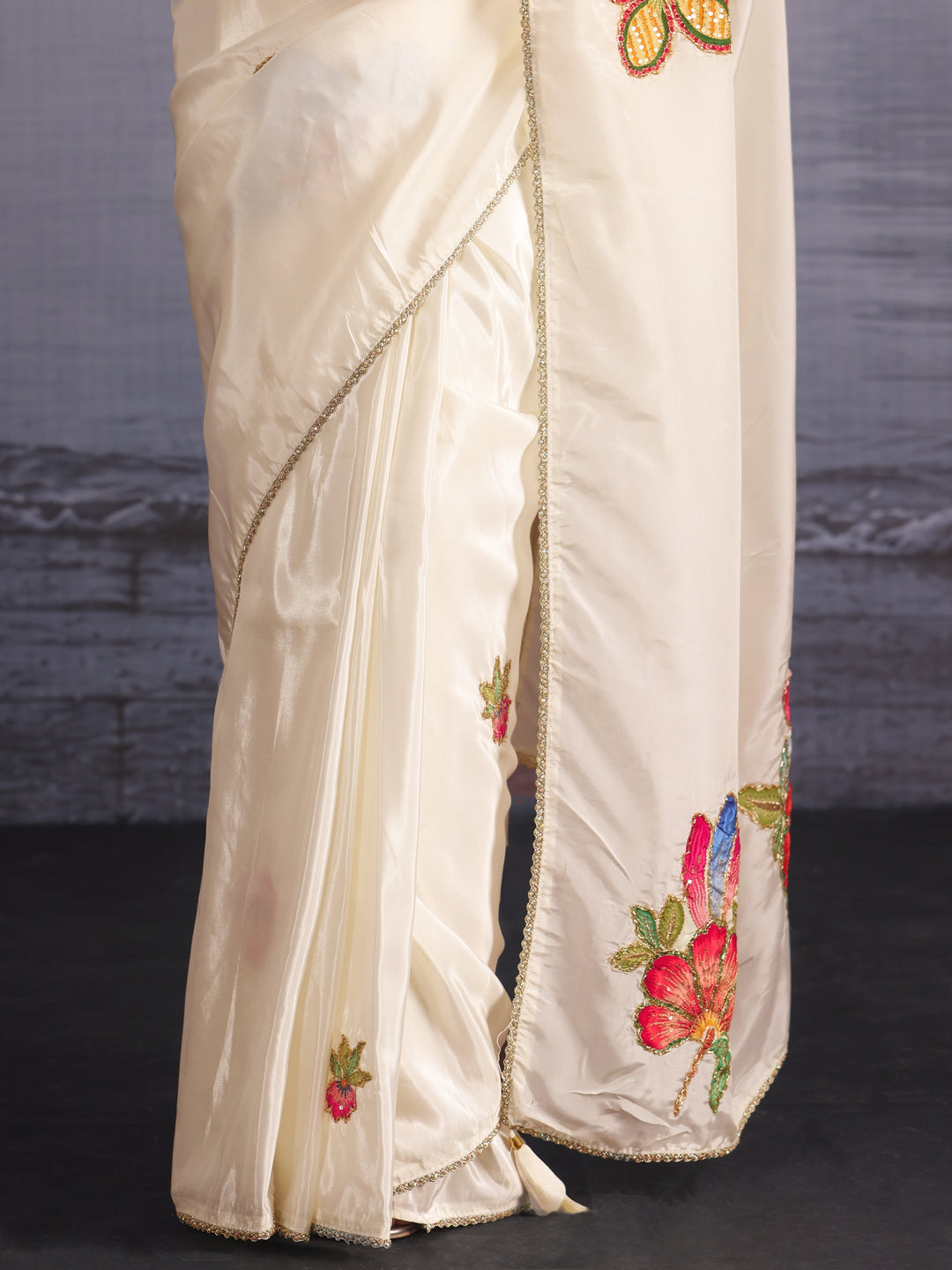 Libas Cream Floral Applique Embellished Satin Saree