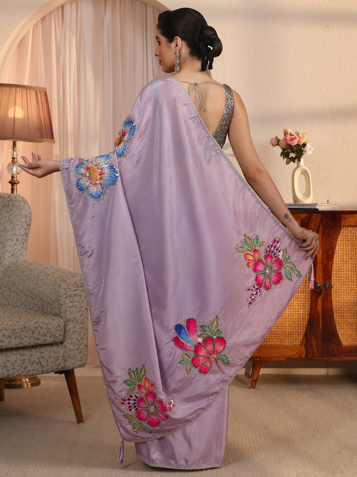 Libas Lavender Satin Saree with Applique Design