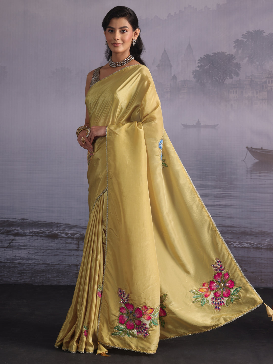 Libas Mustard Floral Applique Embellished Satin Saree