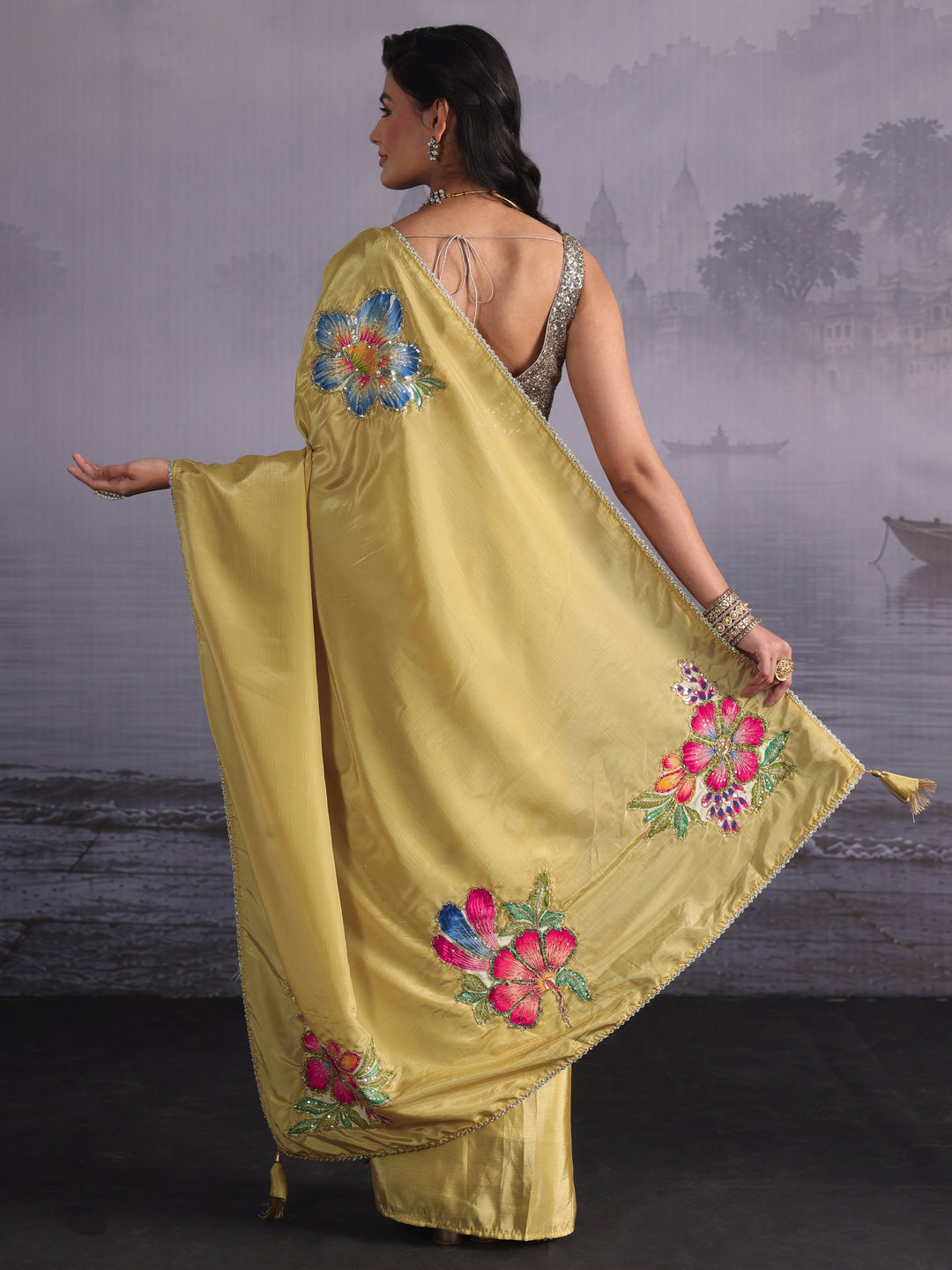 Libas Mustard Floral Applique Embellished Satin Saree