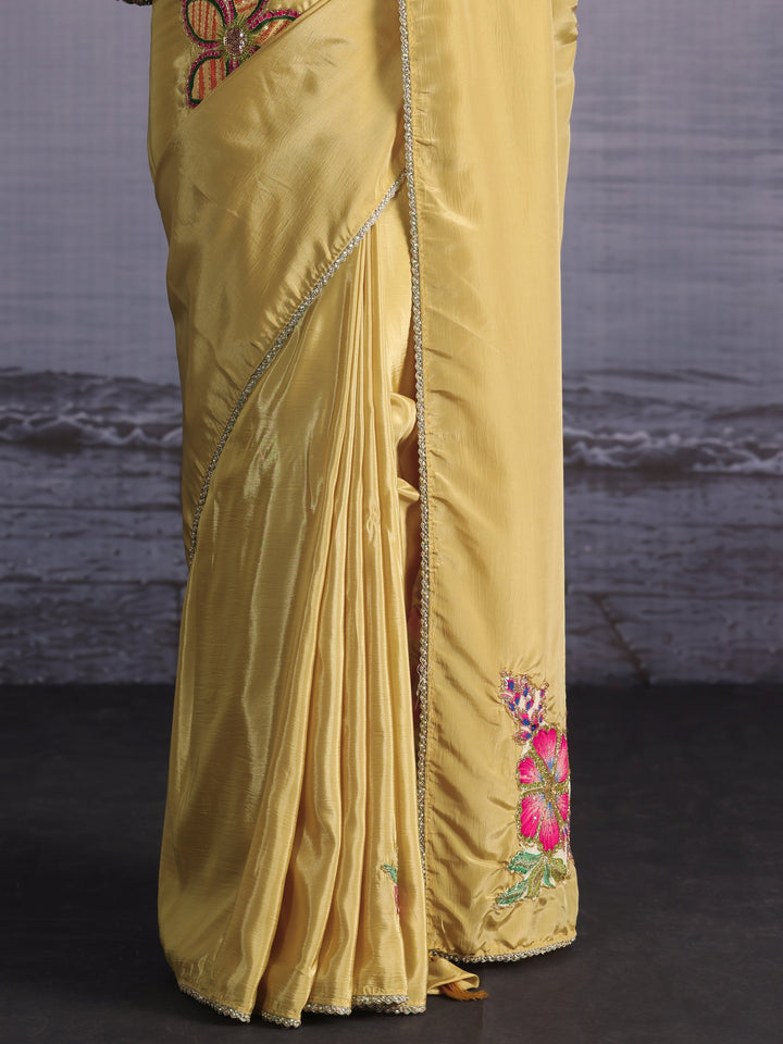 Libas Mustard Floral Applique Embellished Satin Saree
