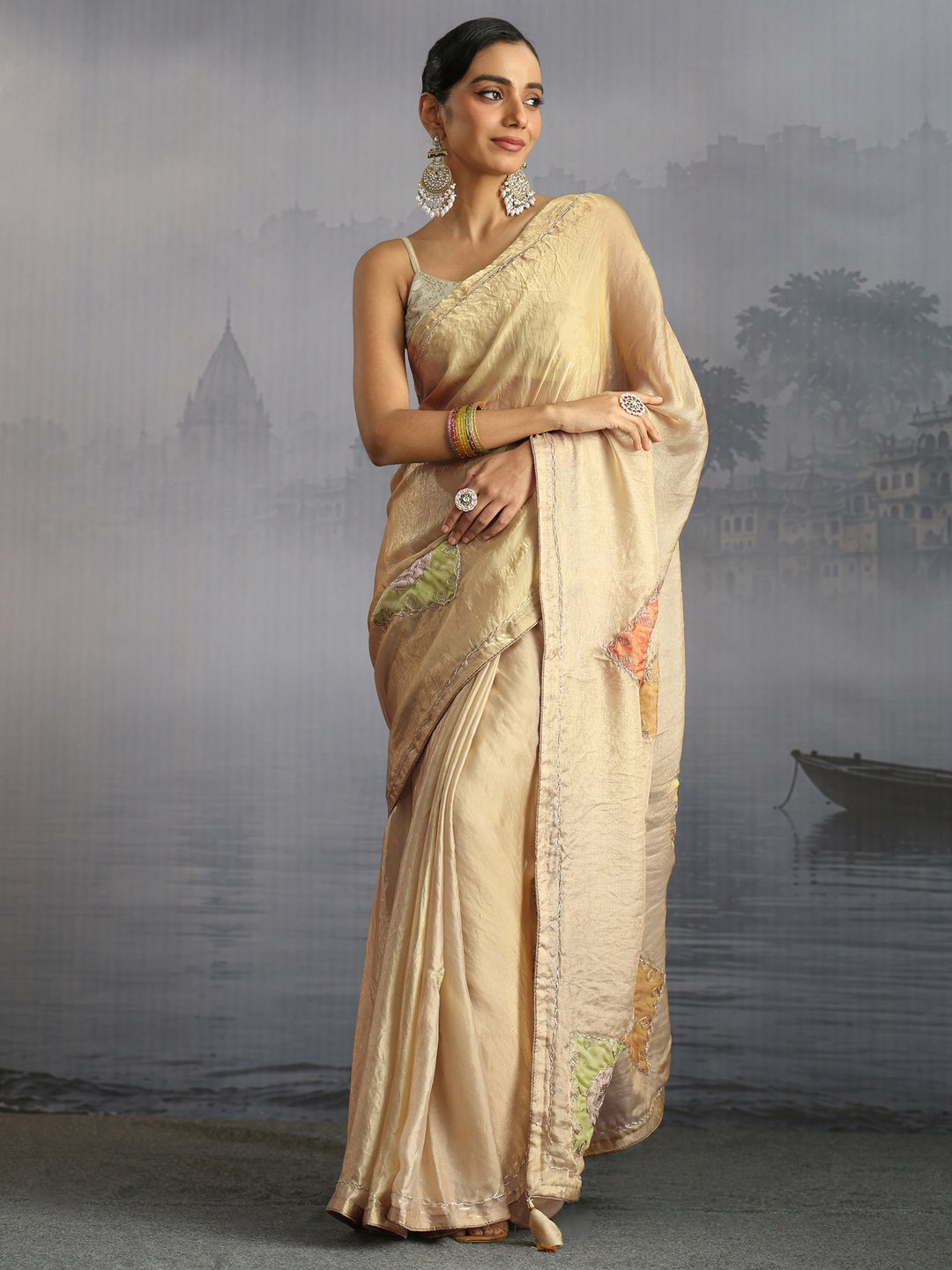 Libas Green Embellished Tissue Saree with Applique Work