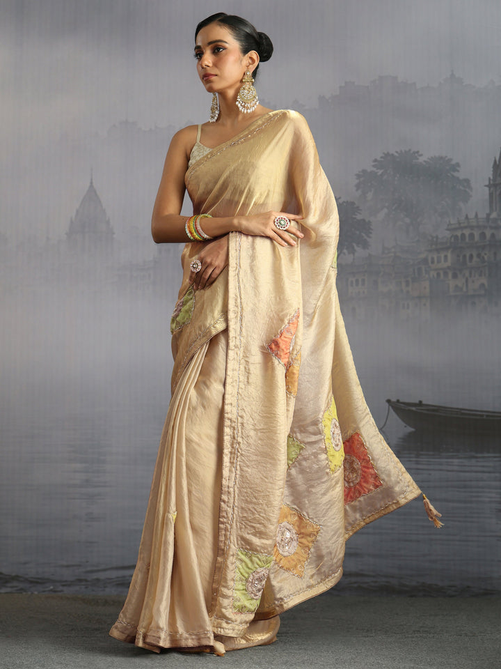 Libas Green Embellished Tissue Saree with Applique Work