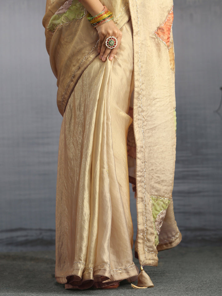 Libas Green Embellished Tissue Saree with Applique Work