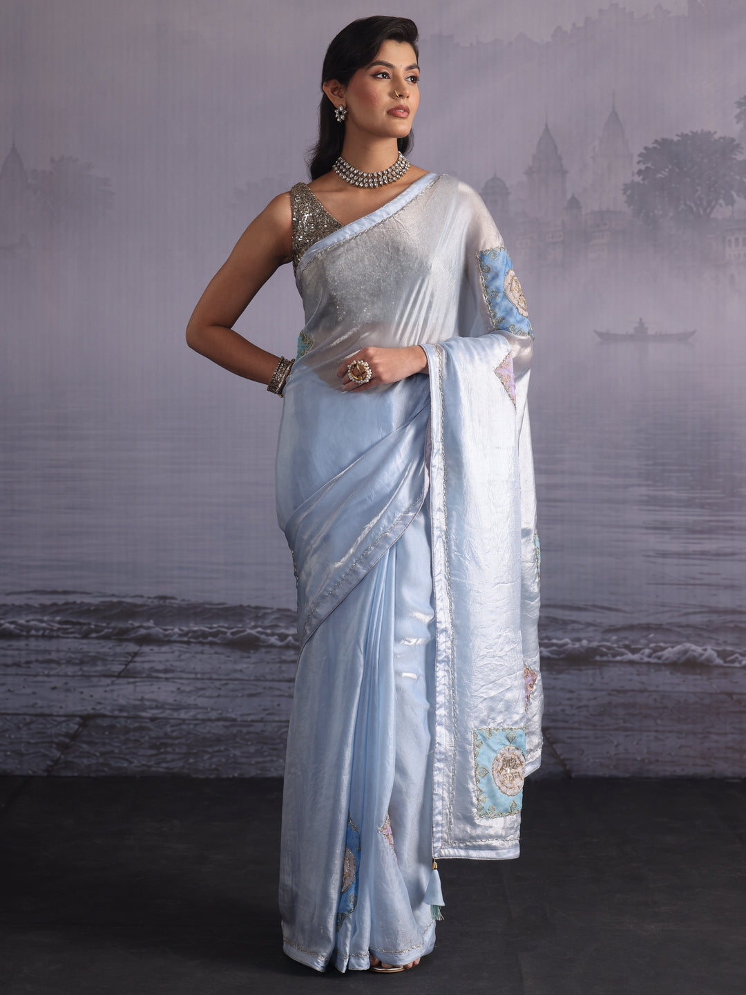 Libas Ice Blue Applique Embellished Tissue Saree
