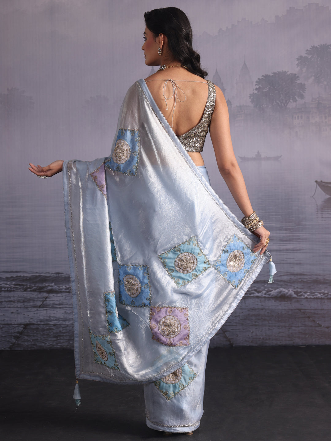 Libas Ice Blue Applique Embellished Tissue Saree