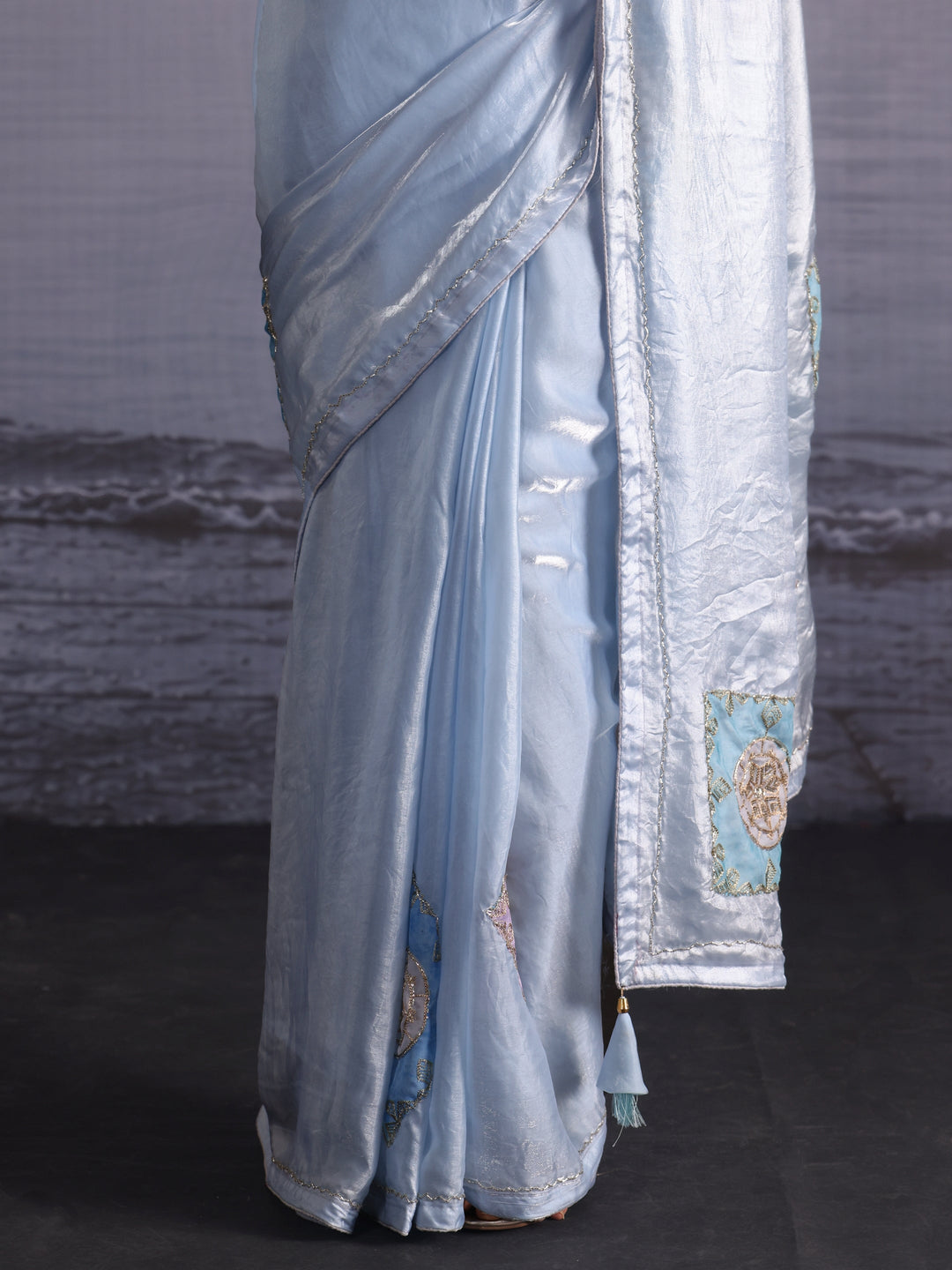 Libas Ice Blue Applique Embellished Tissue Saree