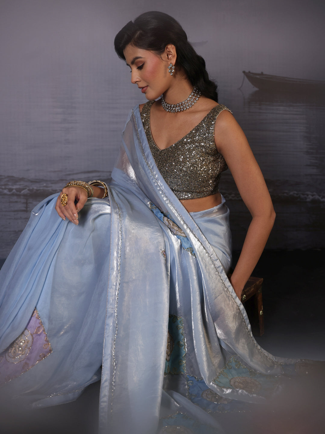 Libas Ice Blue Applique Embellished Tissue Saree