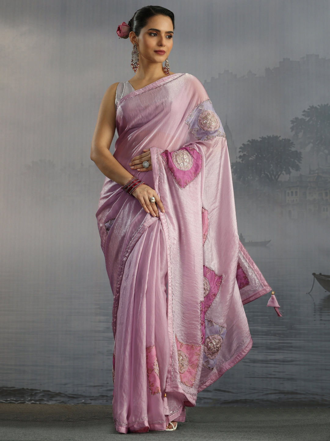 Libas Pink Embellished Tissue Saree with Applique Work