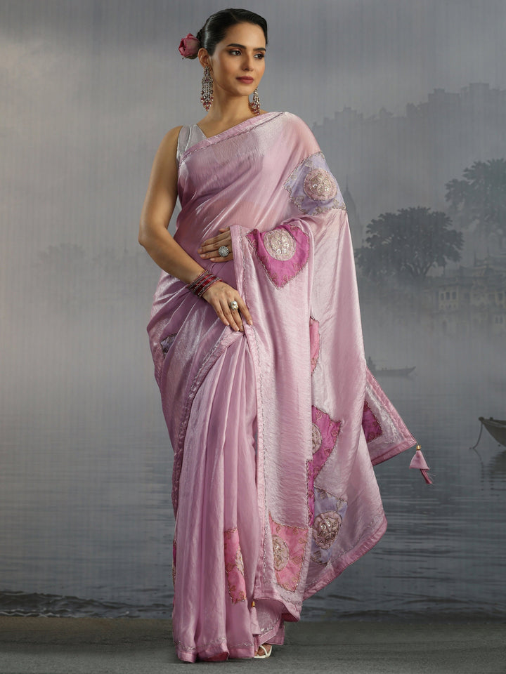 Libas Pink Embellished Tissue Saree with Applique Work