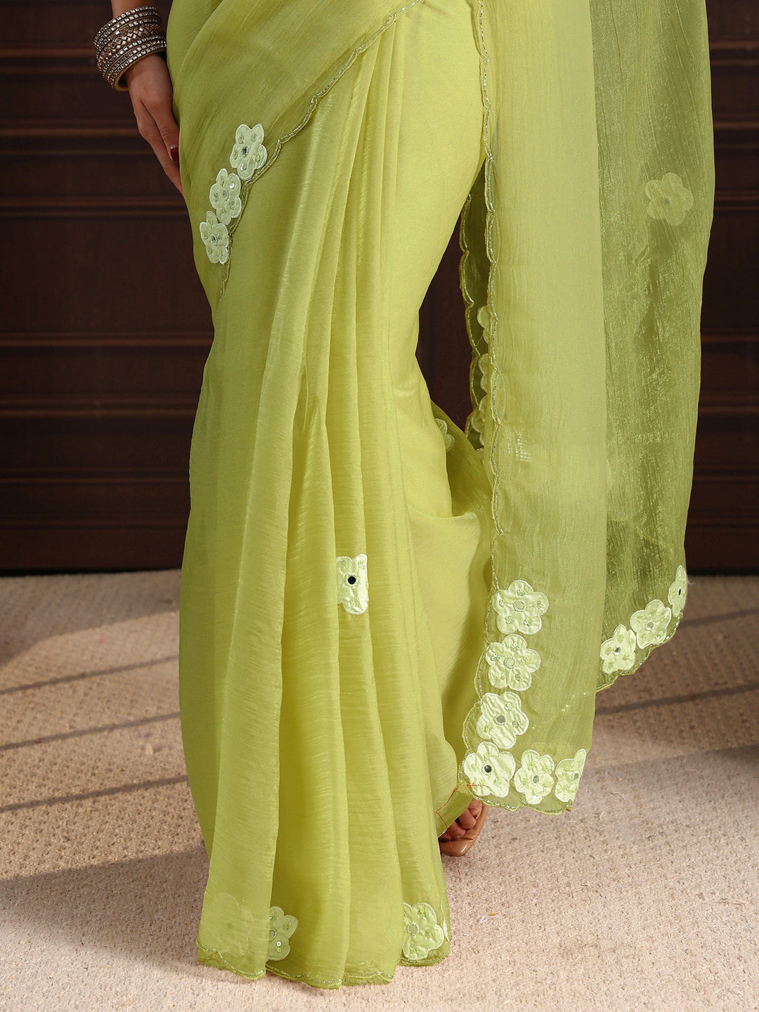 Libas Lime Green Embellished Organza Saree with Applique Work