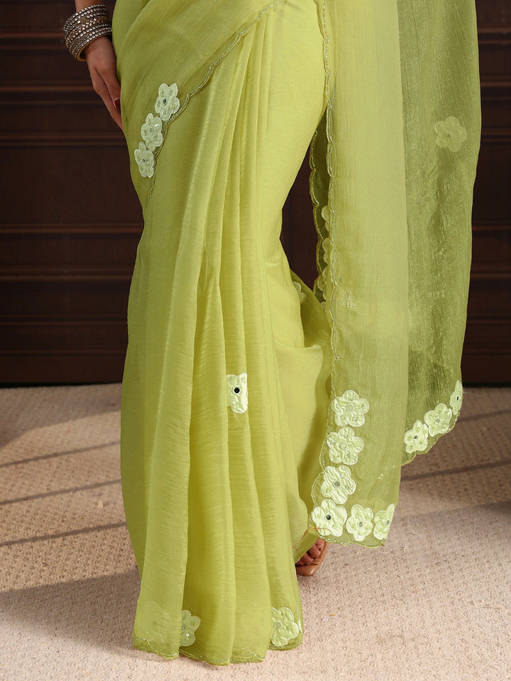 Libas Lime Green Embellished Organza Saree with Applique Work