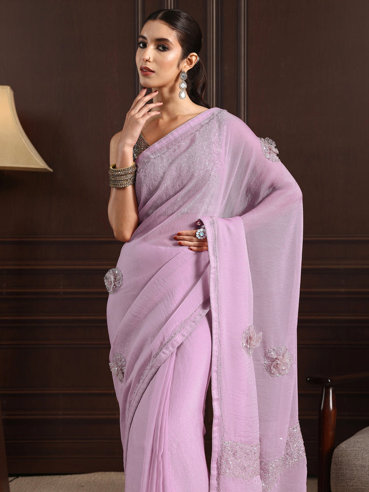 Libas Lavender Embellished Tissue Saree with Applique Work