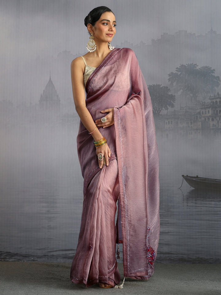 Libas Purple Embellished Tissue Saree with Applique Work