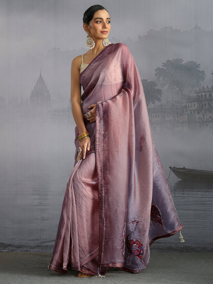 Libas Purple Embellished Tissue Saree with Applique Work
