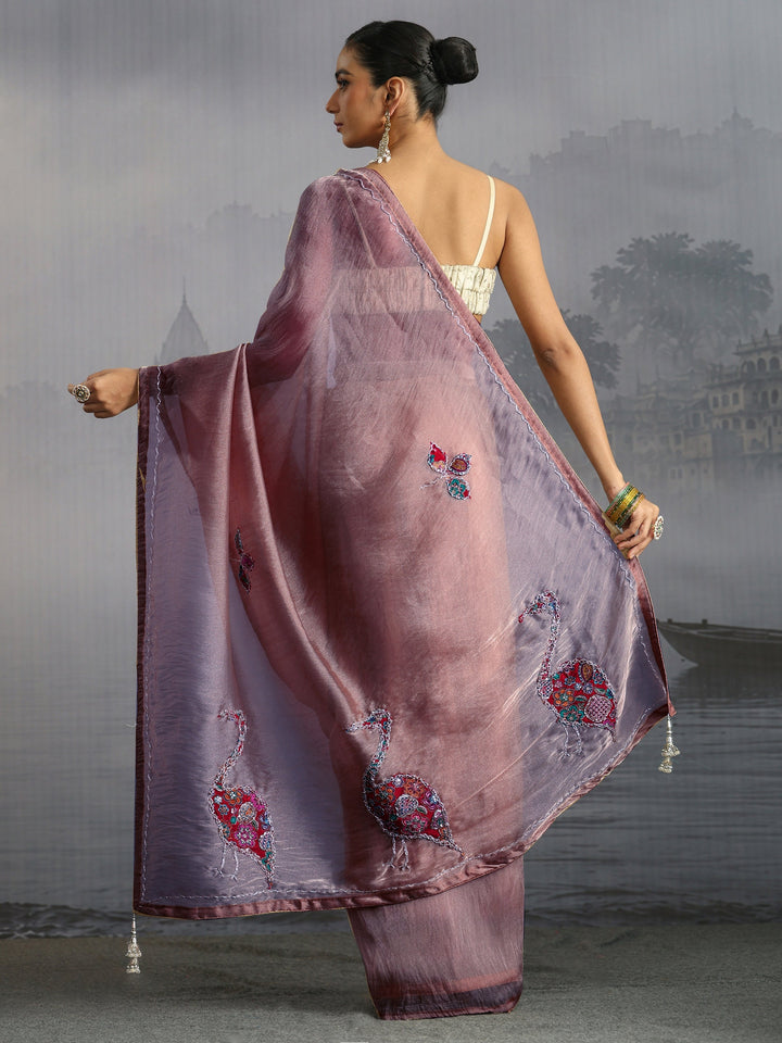 Libas Purple Embellished Tissue Saree with Applique Work