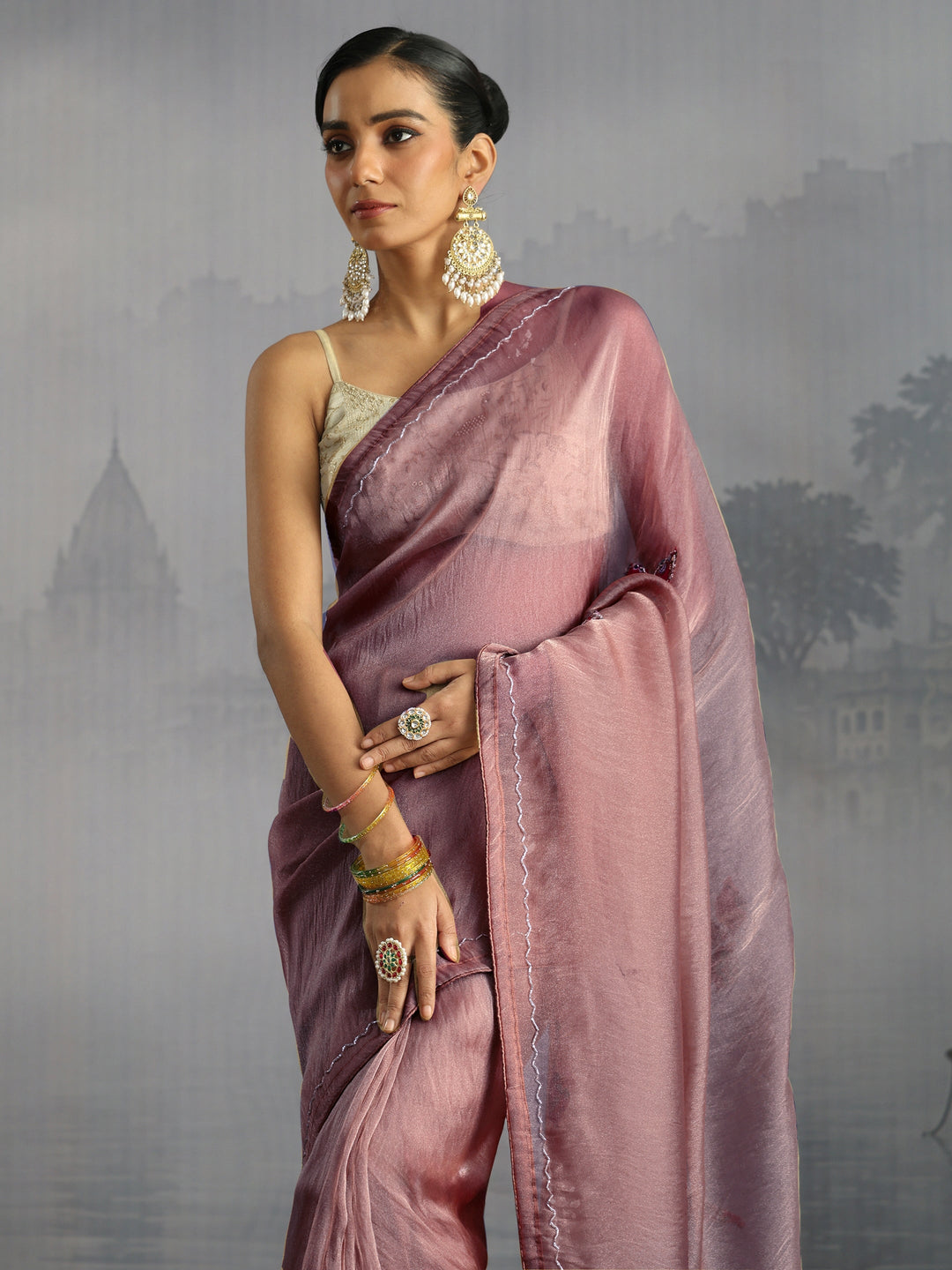 Libas Purple Embellished Tissue Saree with Applique Work