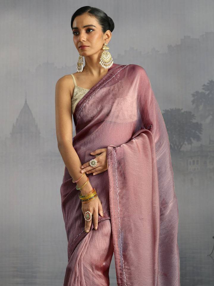 Libas Purple Embellished Tissue Saree with Applique Work
