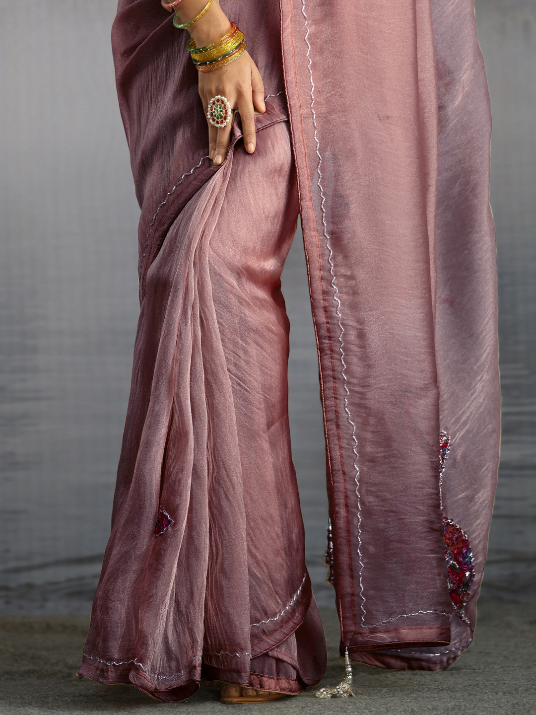 Libas Purple Embellished Tissue Saree with Applique Work
