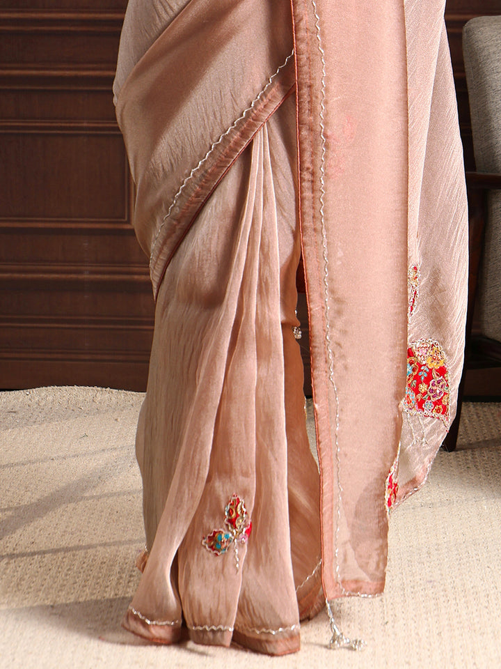 Libas Brown Embellished Tissue Saree with Applique Work