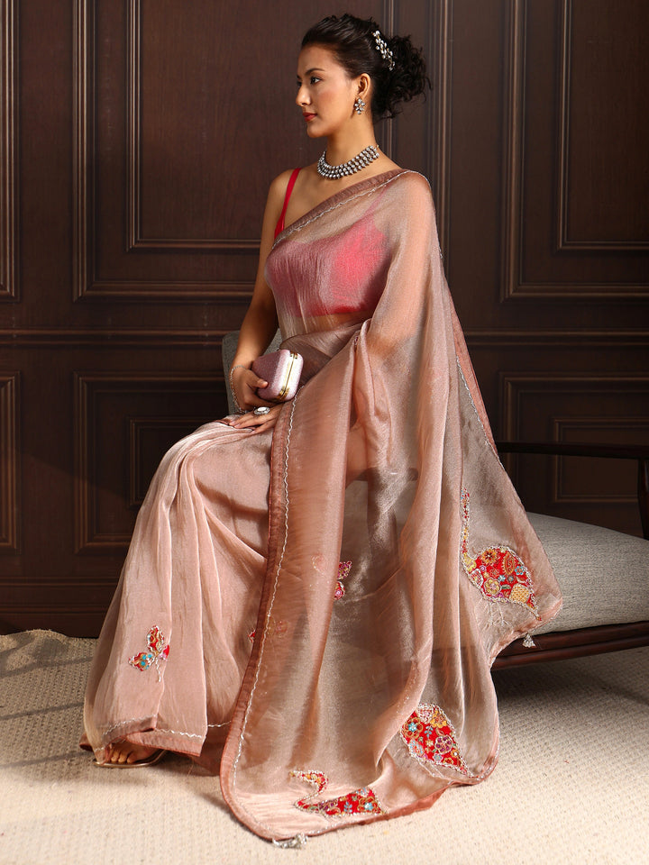 Libas Brown Embellished Tissue Saree with Applique Work
