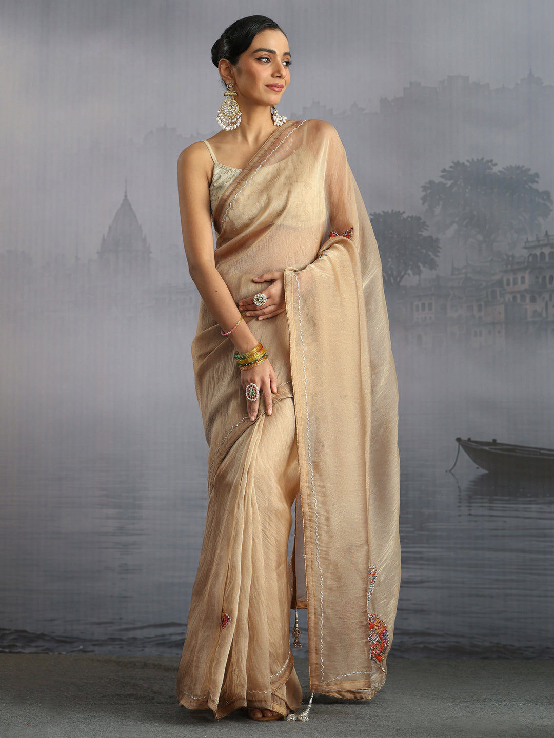 Libas Golden Embellished Tissue Saree with Applique Work