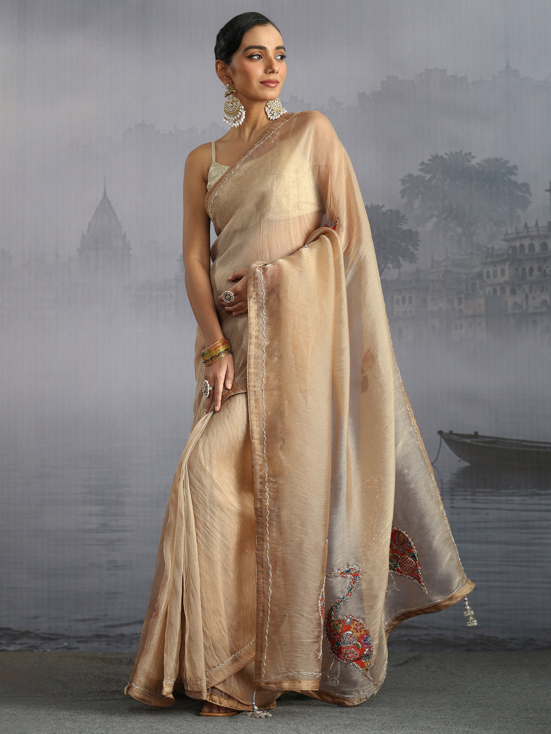 Libas Golden Embellished Tissue Saree with Applique Work