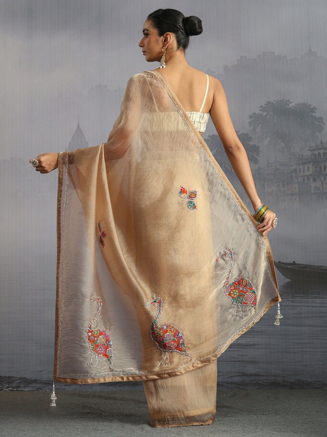 Libas Golden Embellished Tissue Saree with Applique Work