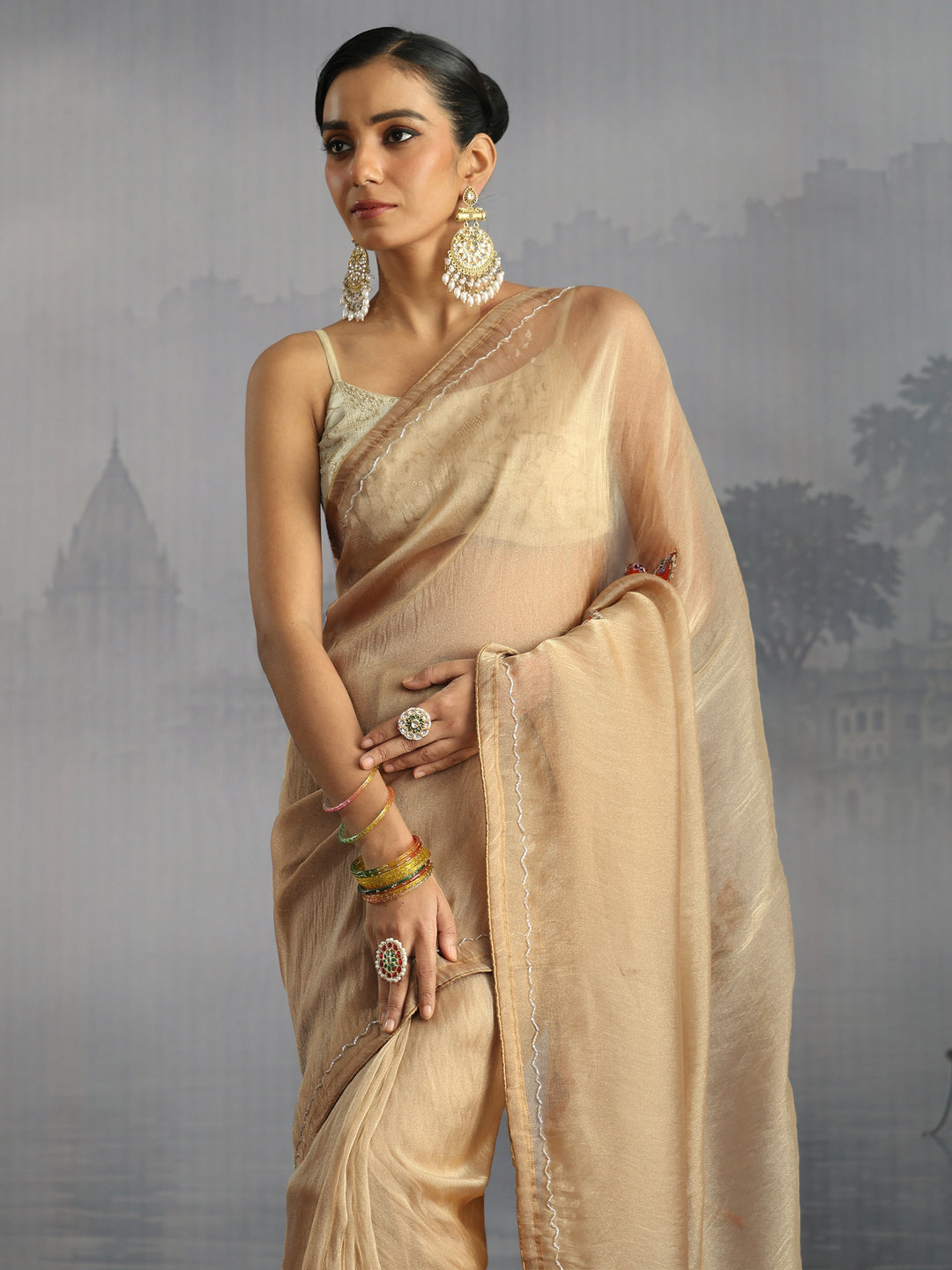 Libas Golden Embellished Tissue Saree with Applique Work