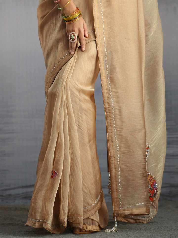 Libas Golden Embellished Tissue Saree with Applique Work