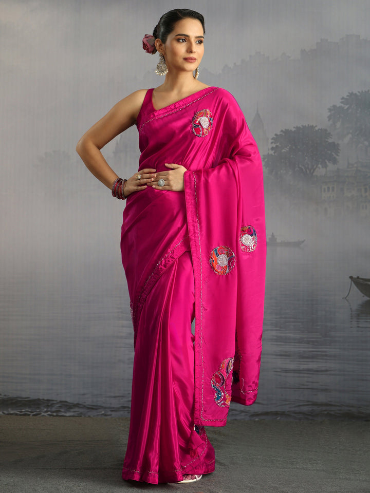 Libas Fuchsia Pink Embellished Satin Saree with Applique Work