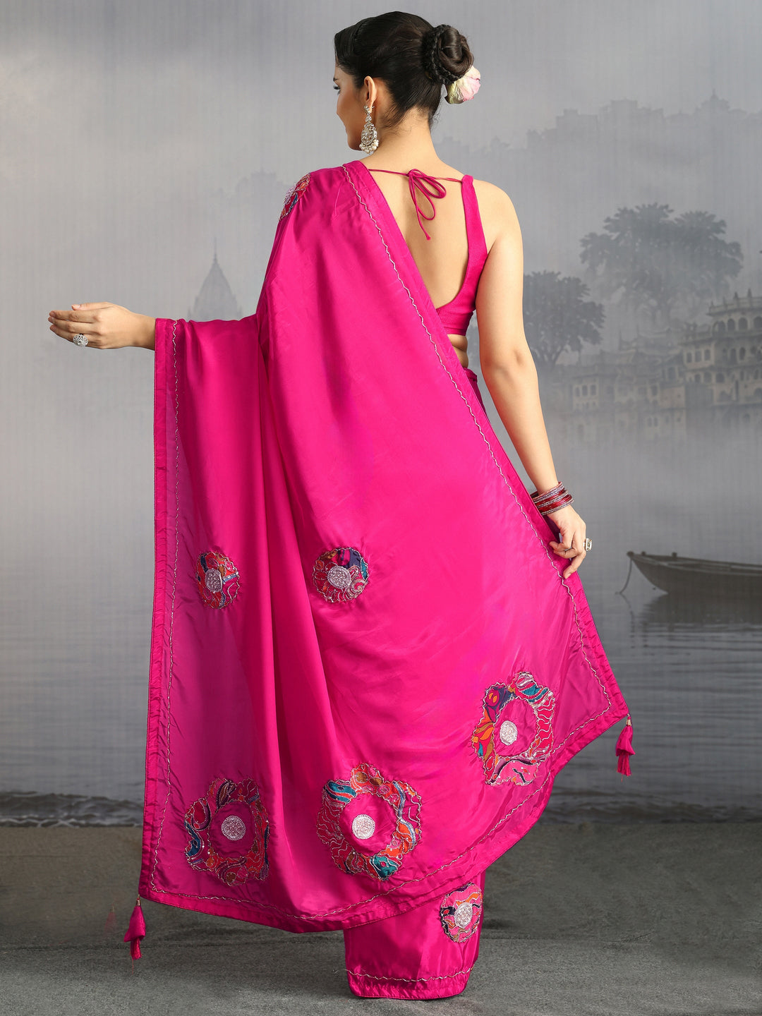 Libas Fuchsia Pink Embellished Satin Saree with Applique Work