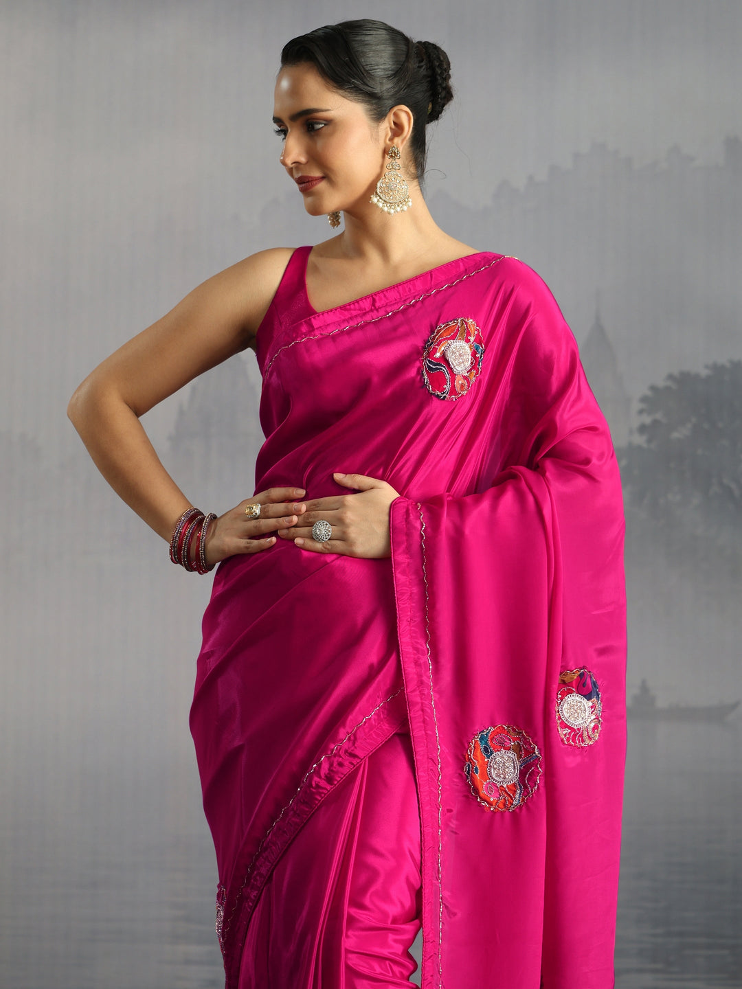 Libas Fuchsia Pink Embellished Satin Saree with Applique Work