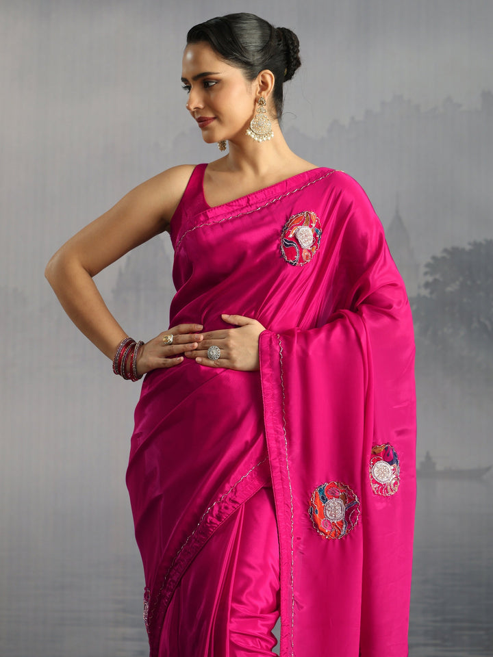 Libas Fuchsia Pink Embellished Satin Saree with Applique Work