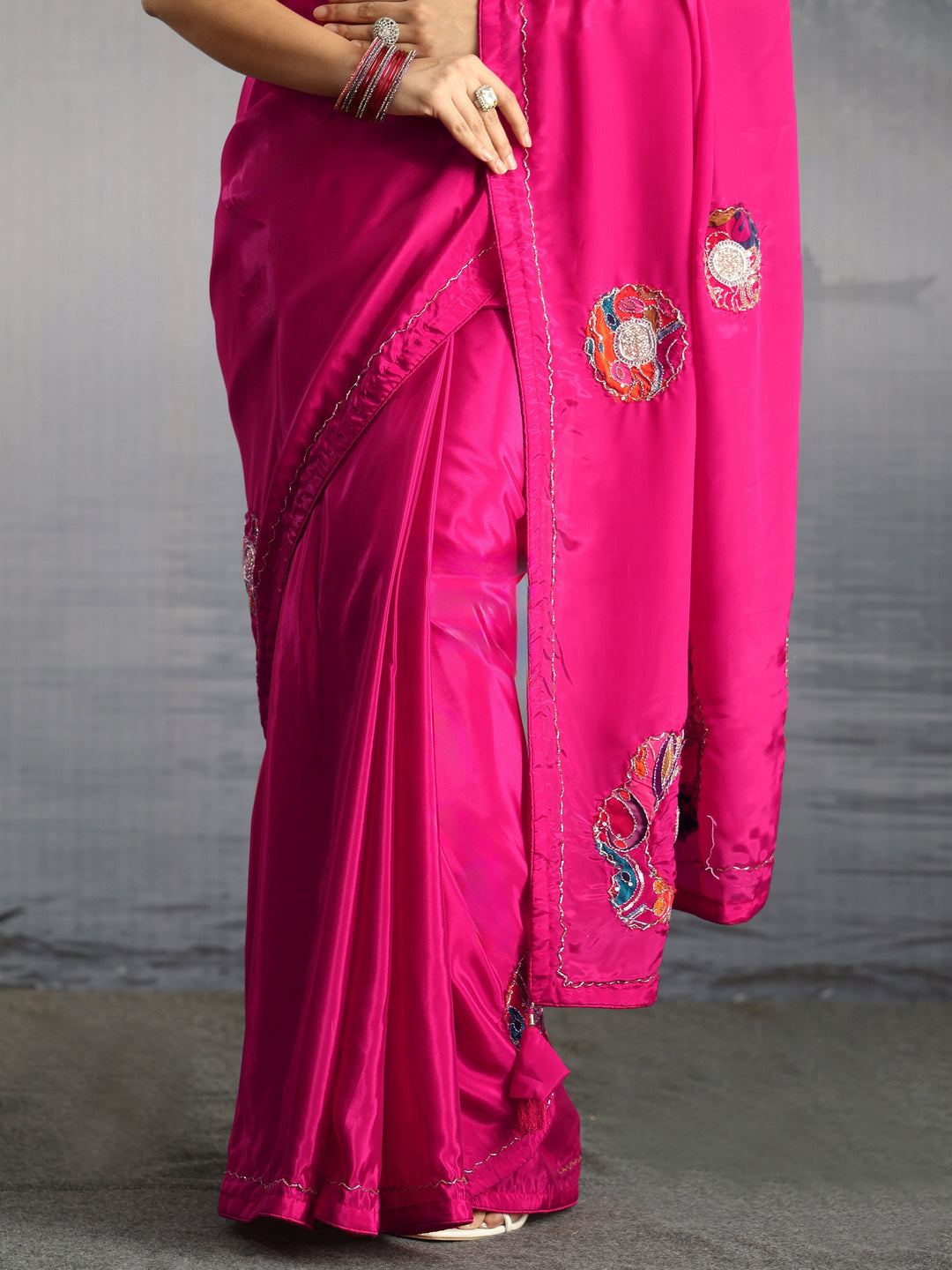 Libas Fuchsia Pink Embellished Satin Saree with Applique Work