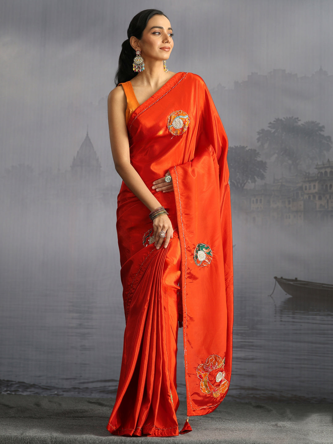 Libas Orange Embellished Satin Saree with Applique Work