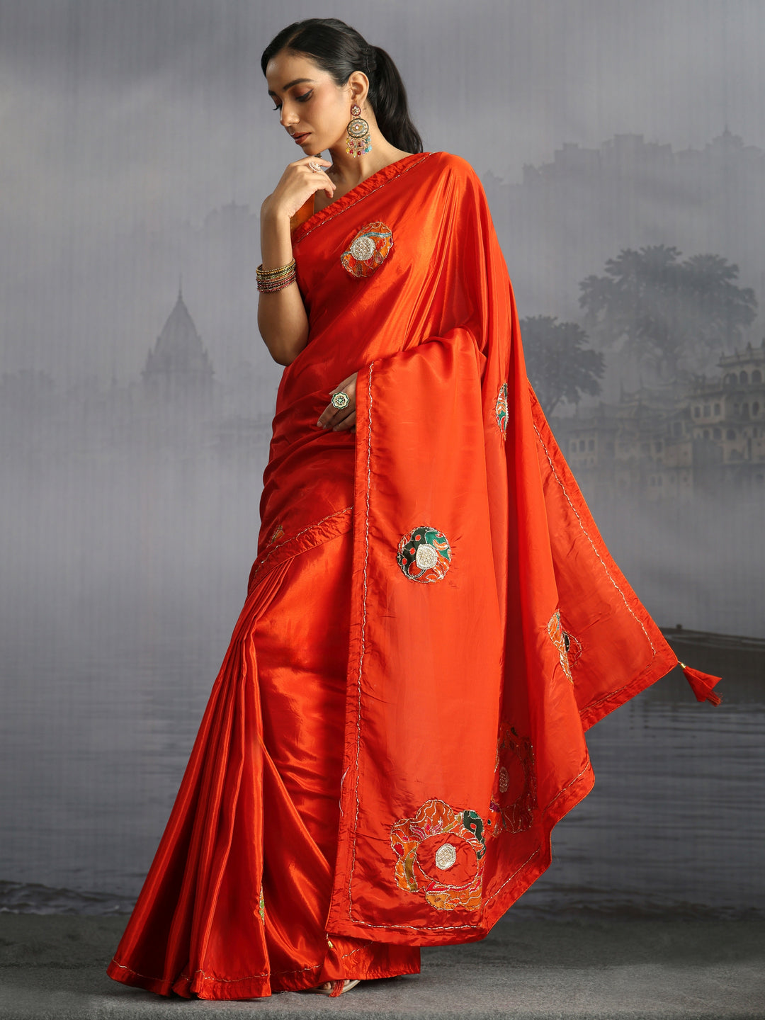 Libas Orange Embellished Satin Saree with Applique Work