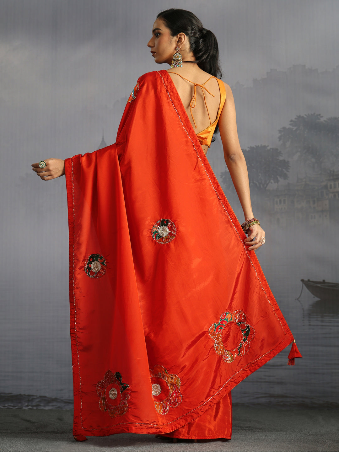 Libas Orange Embellished Satin Saree with Applique Work