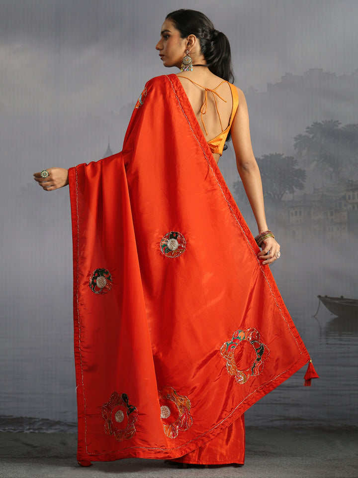 Libas Orange Embellished Satin Saree with Applique Work