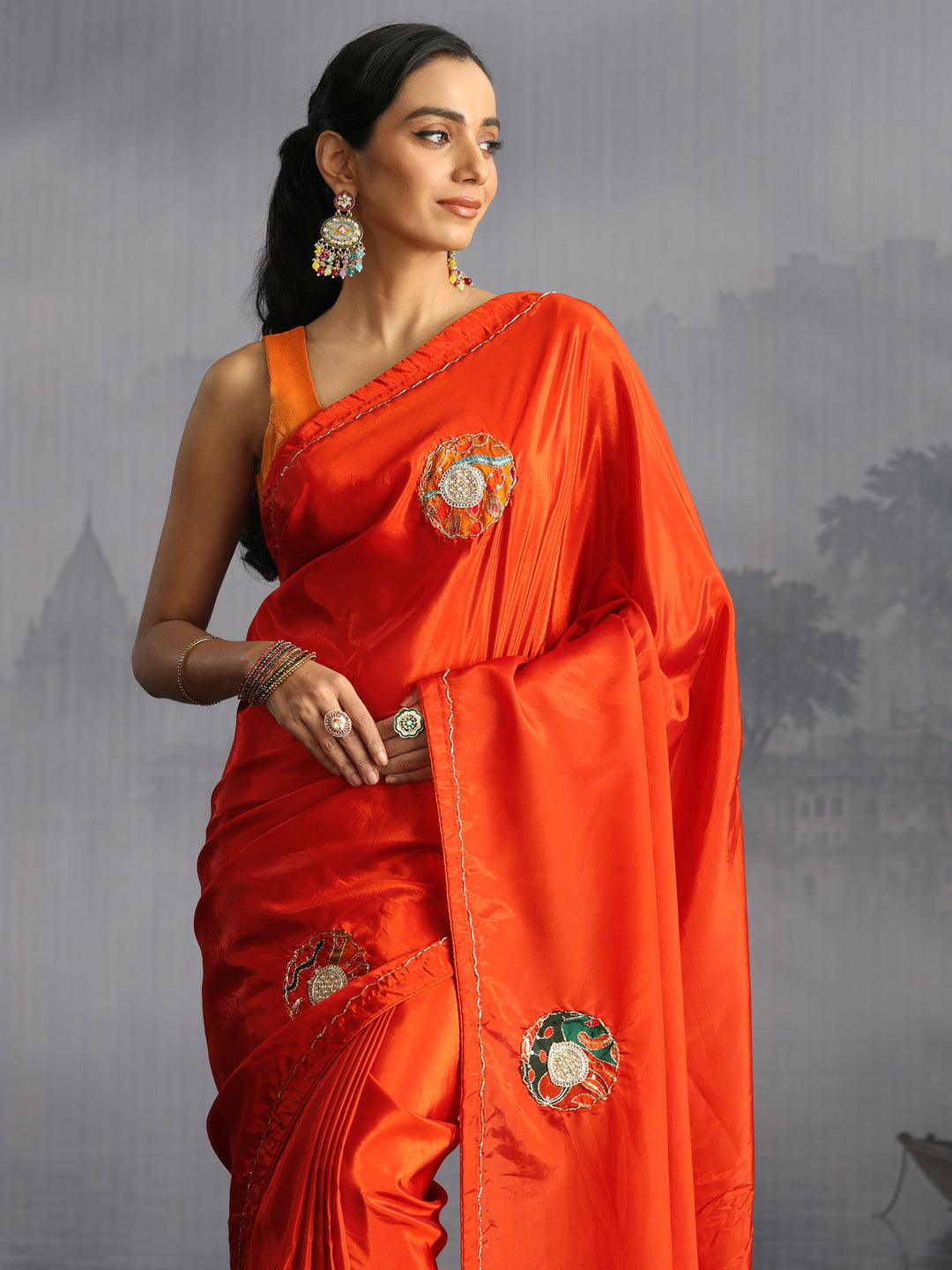 Libas Orange Embellished Satin Saree with Applique Work