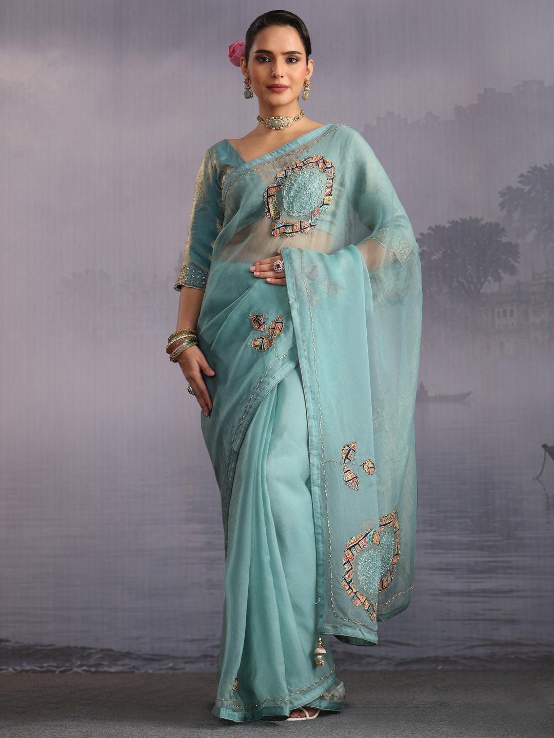 Libas Blue Embellished Tissue Saree with Applique Work