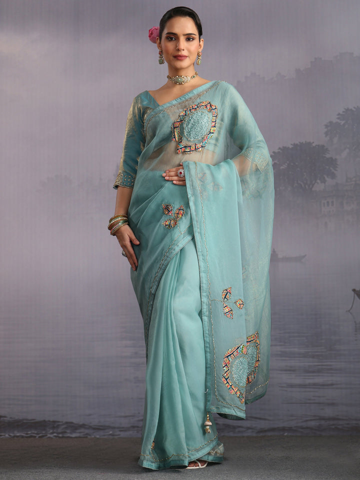 Libas Blue Embellished Tissue Saree with Applique Work