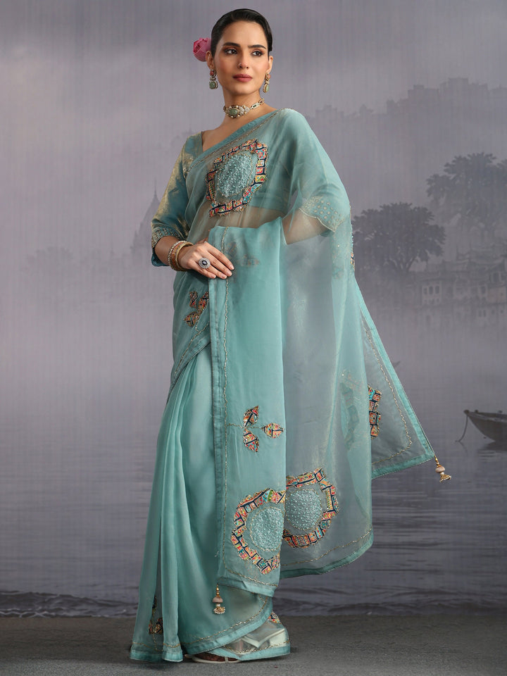 Libas Blue Embellished Tissue Saree with Applique Work