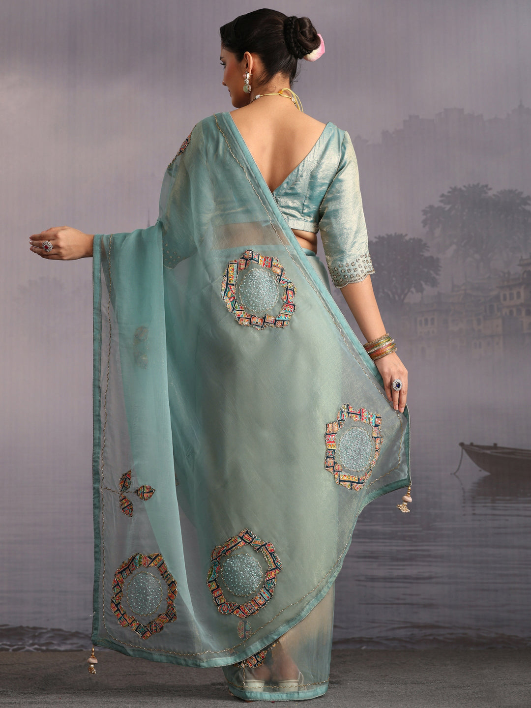 Libas Blue Embellished Tissue Saree with Applique Work