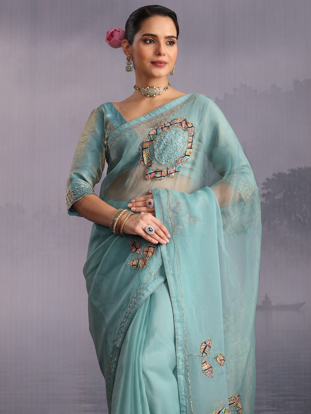 Libas Blue Embellished Tissue Saree with Applique Work